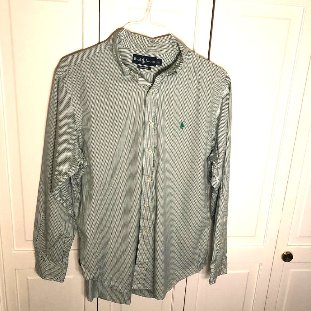 Ralph Lauren Classic Fit Dress Shirt 16.5 34/35 Green Navy Striped Button-Down